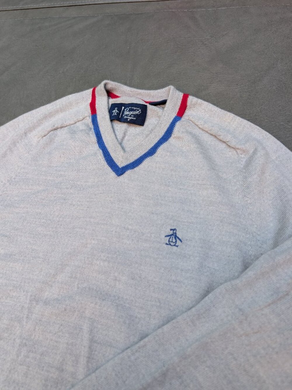 Original Penguin Munsingwear Merino Wool V-Neck Sweater S Grey Preppy Minimalist